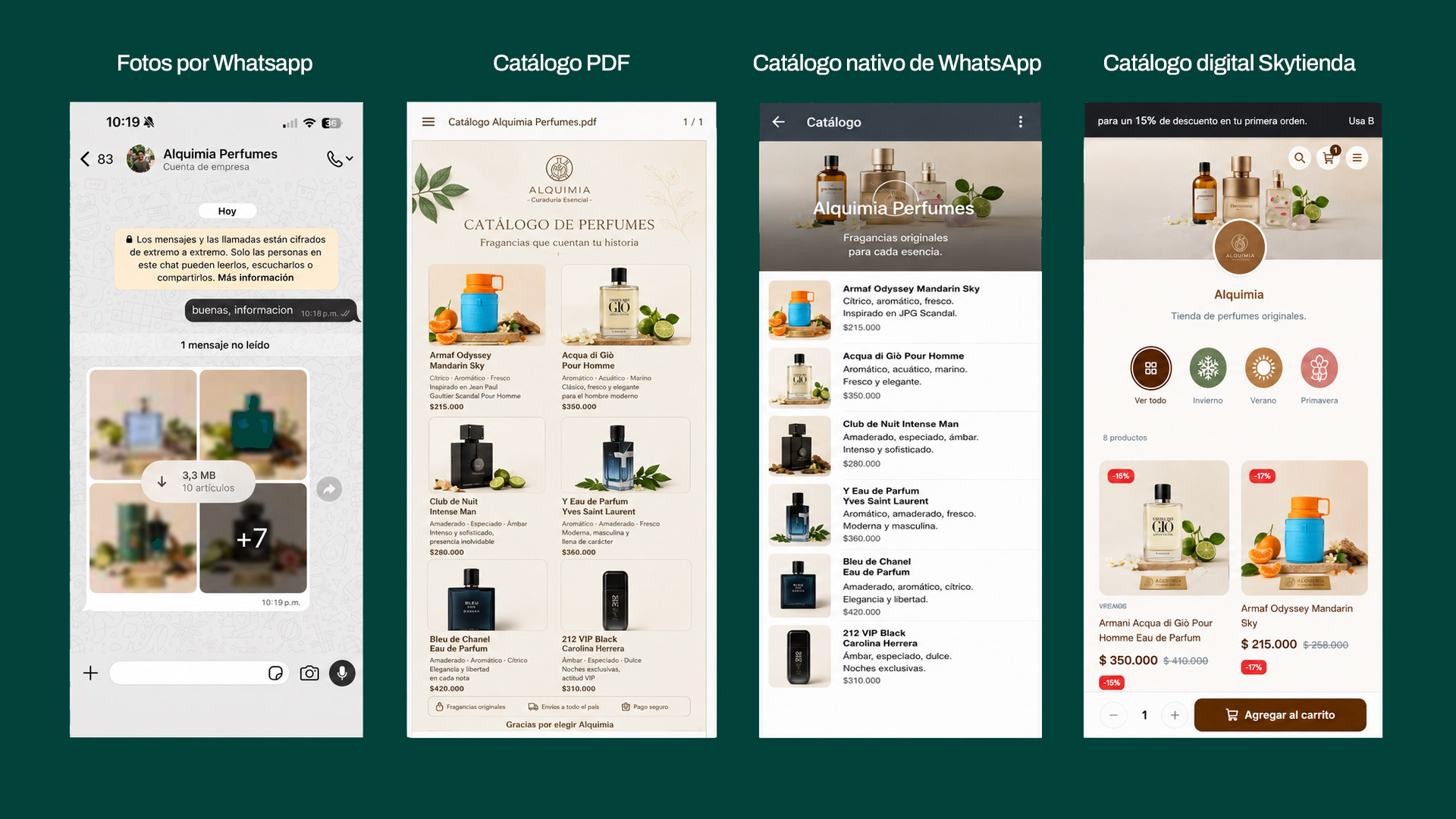 Comparación entre galería de WhatsApp, PDF, catálogo nativo de WhatsApp y catálogo digital
