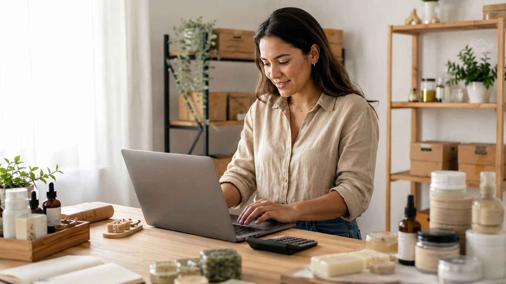 Emprendedora organizando su catálogo de productos en una mesa de trabajo con smartphone y etiquetas de precio