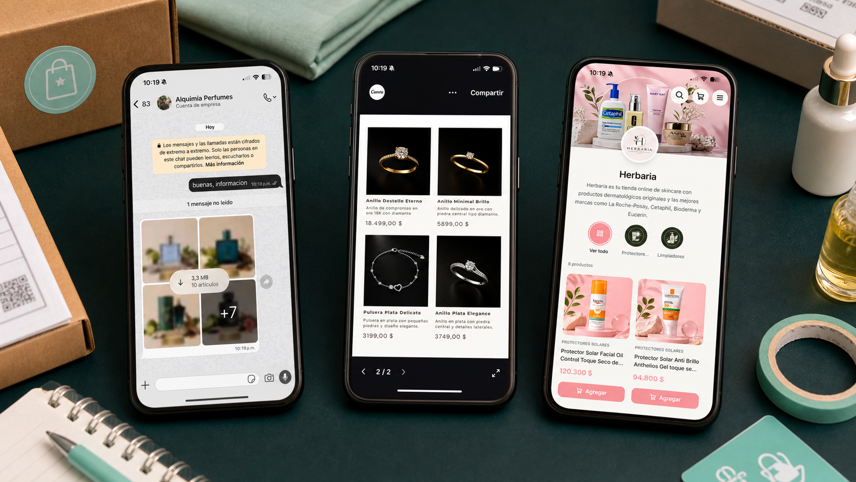 Comparación visual entre vender por galería de WhatsApp, catálogo digital y tienda en línea con carrito