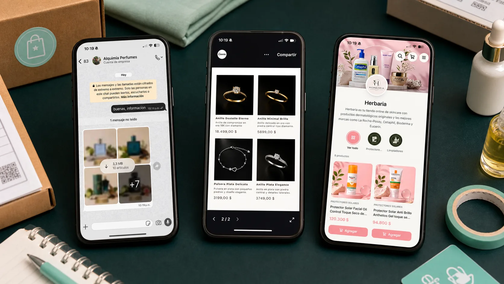 Comparación visual entre vender por galería de WhatsApp, catálogo digital y tienda en línea con carrito