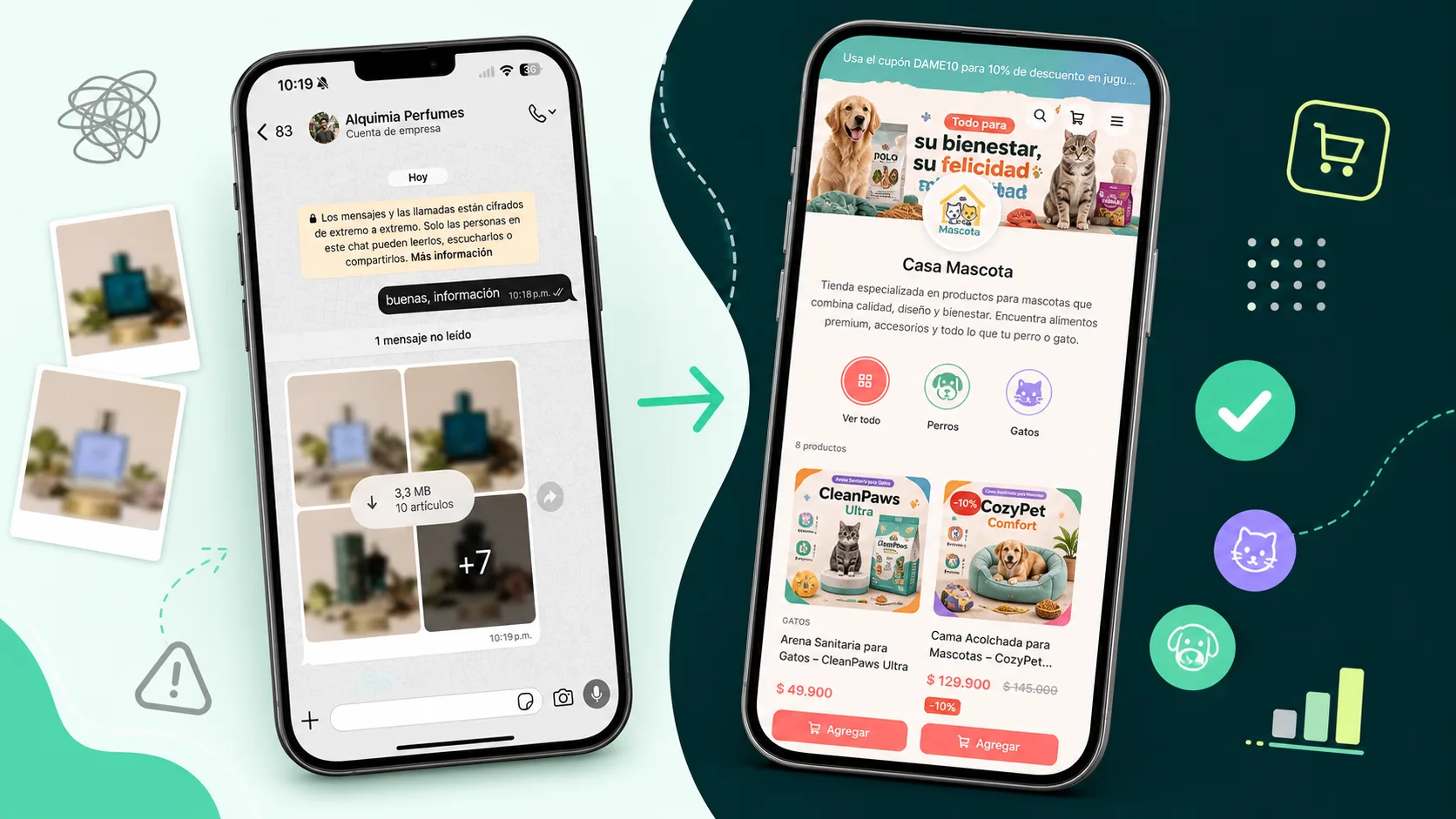 Comparación entre un catálogo desordenado en galería de WhatsApp y un catálogo en línea profesional