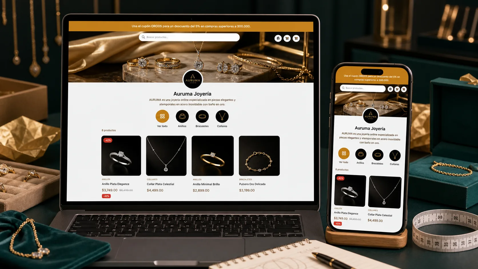 Catálogo en línea creado con Skytienda, con productos en grid y opción de carrito